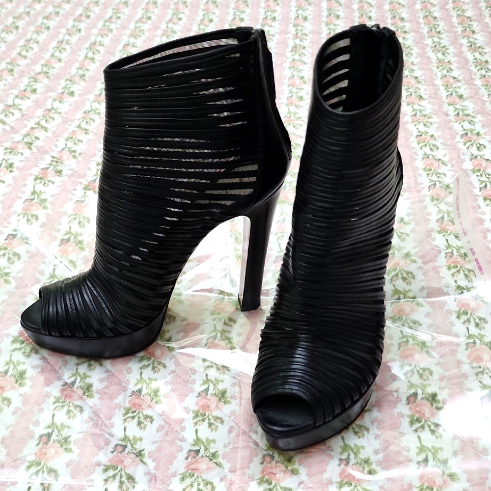 Prada 💎 Sexy Mesh Straps Booties Black Heeled Chunky Platform Ankle Boots 37 7